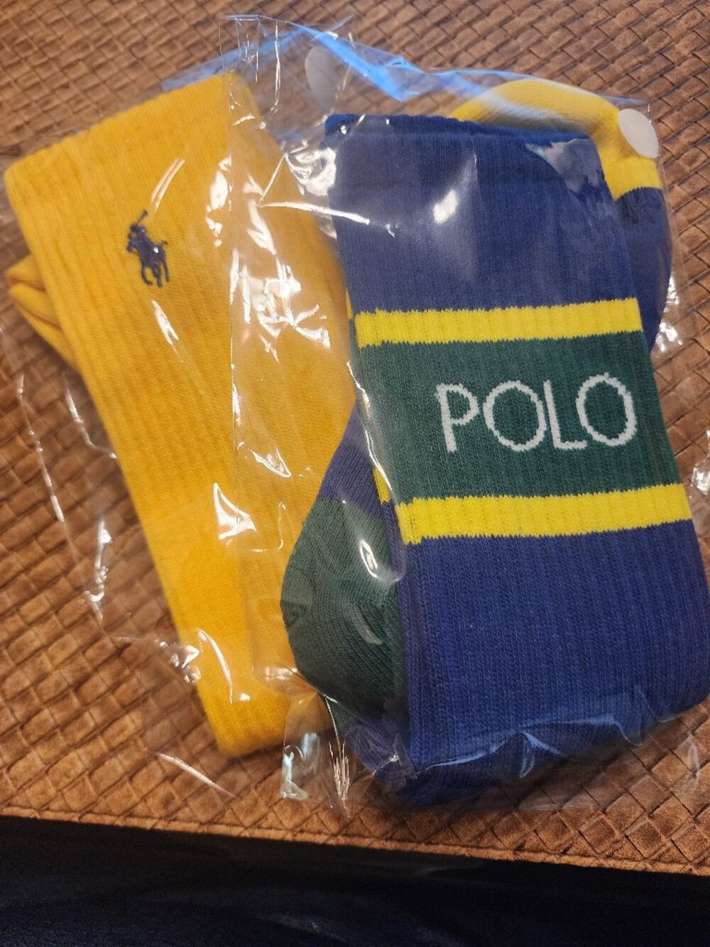 2 PAIRS OF POLO RALPH LAUREN MEN'S CREW SOCKS - NAVY/GREEN/YELLO & SOLID YELLOW
